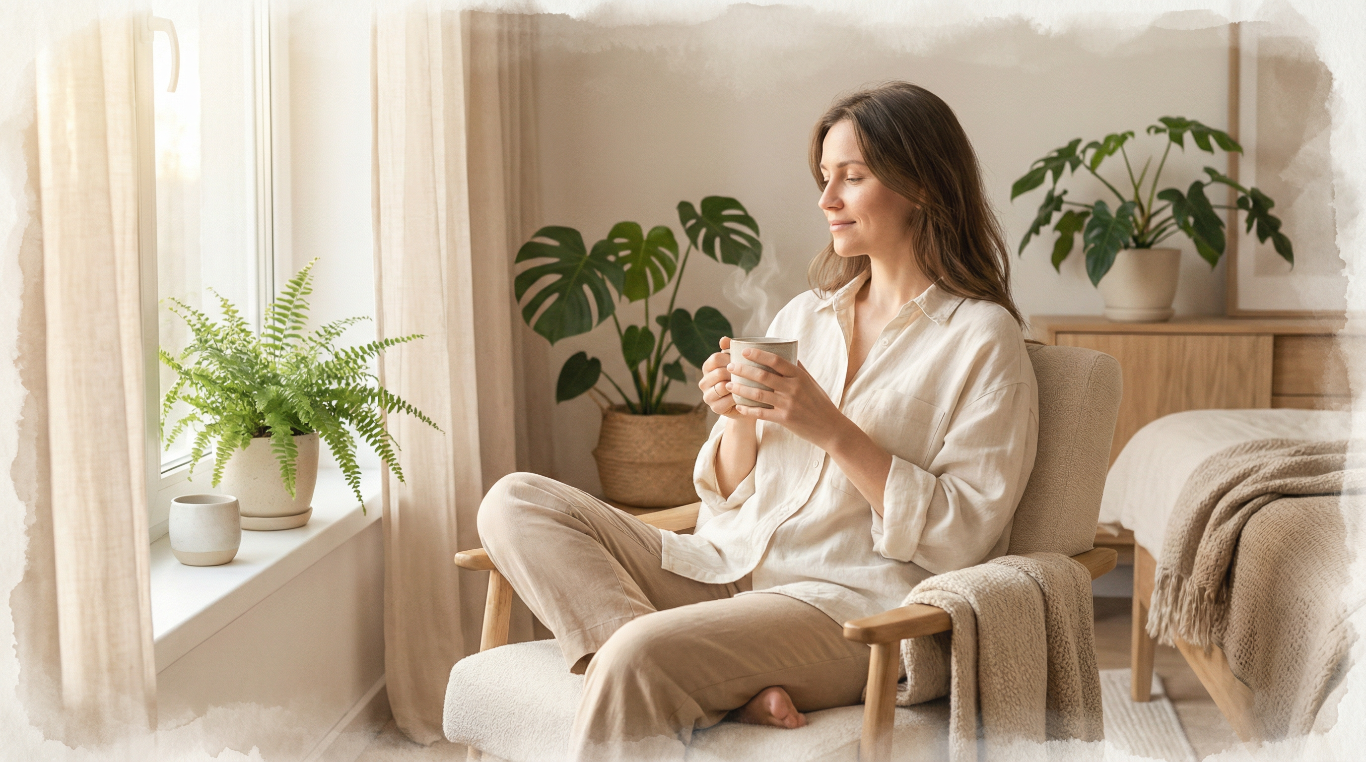 Peaceful mother enjoying self-care moment with tea - support for overwhelmed mothers
